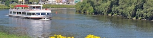 Boat in water with beautiful surrounding background in Europe city