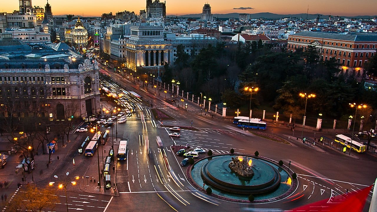 Aerial view of Cibeles square at dusk