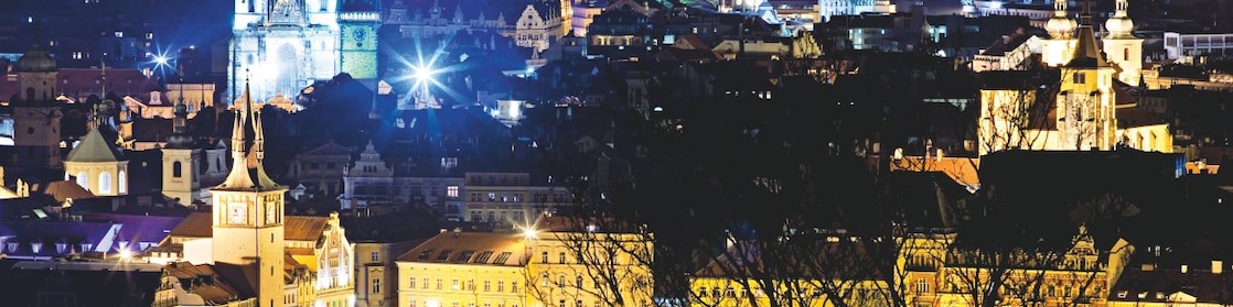 A view of the city of Prague at night